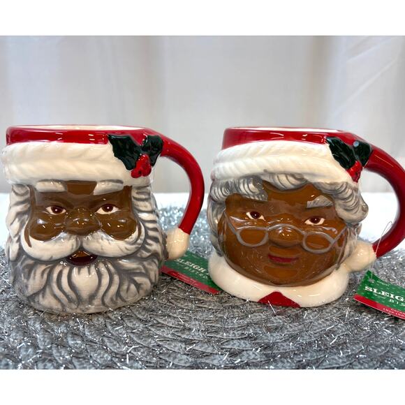 Sleigh Bell Bistro Winking African American Santa Mrs Claus Retro Style Mugs (2) - Picture 1 of 9